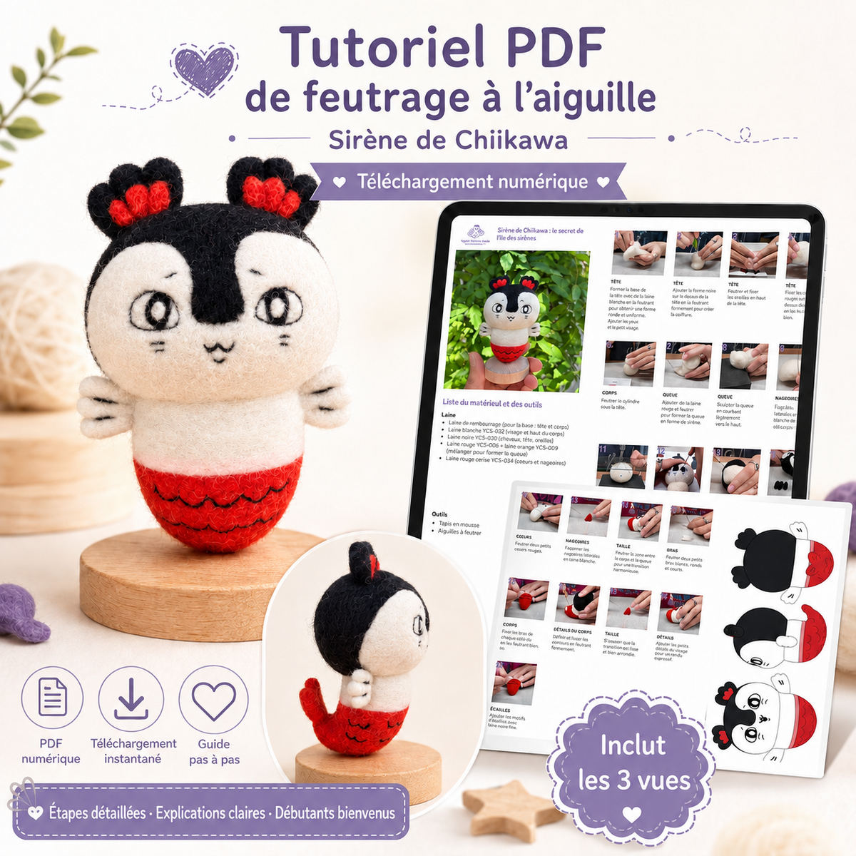 Tutoriel de feutrage à l’aiguille PDF – Sirène de Chat | Guide pas à pas | FR/EN/CN