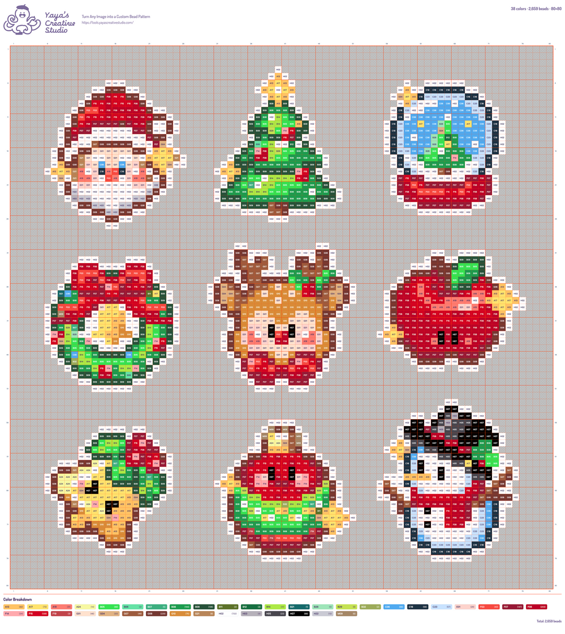 Modèle perles à repasser 9 mini décorations de Noël, grille 80 × 80, 38 couleurs