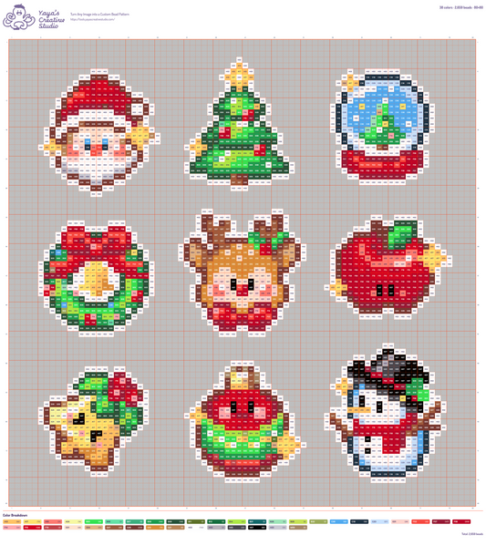 Modèle perles à repasser 9 mini décorations de Noël, grille 80 × 80, 38 couleurs