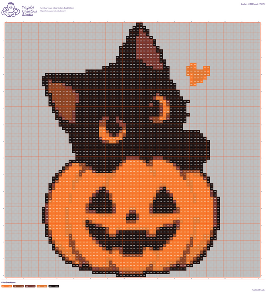 Modèle perles à repasser chat noir dans sa citrouille, grille 76 × 76, 5 couleurs