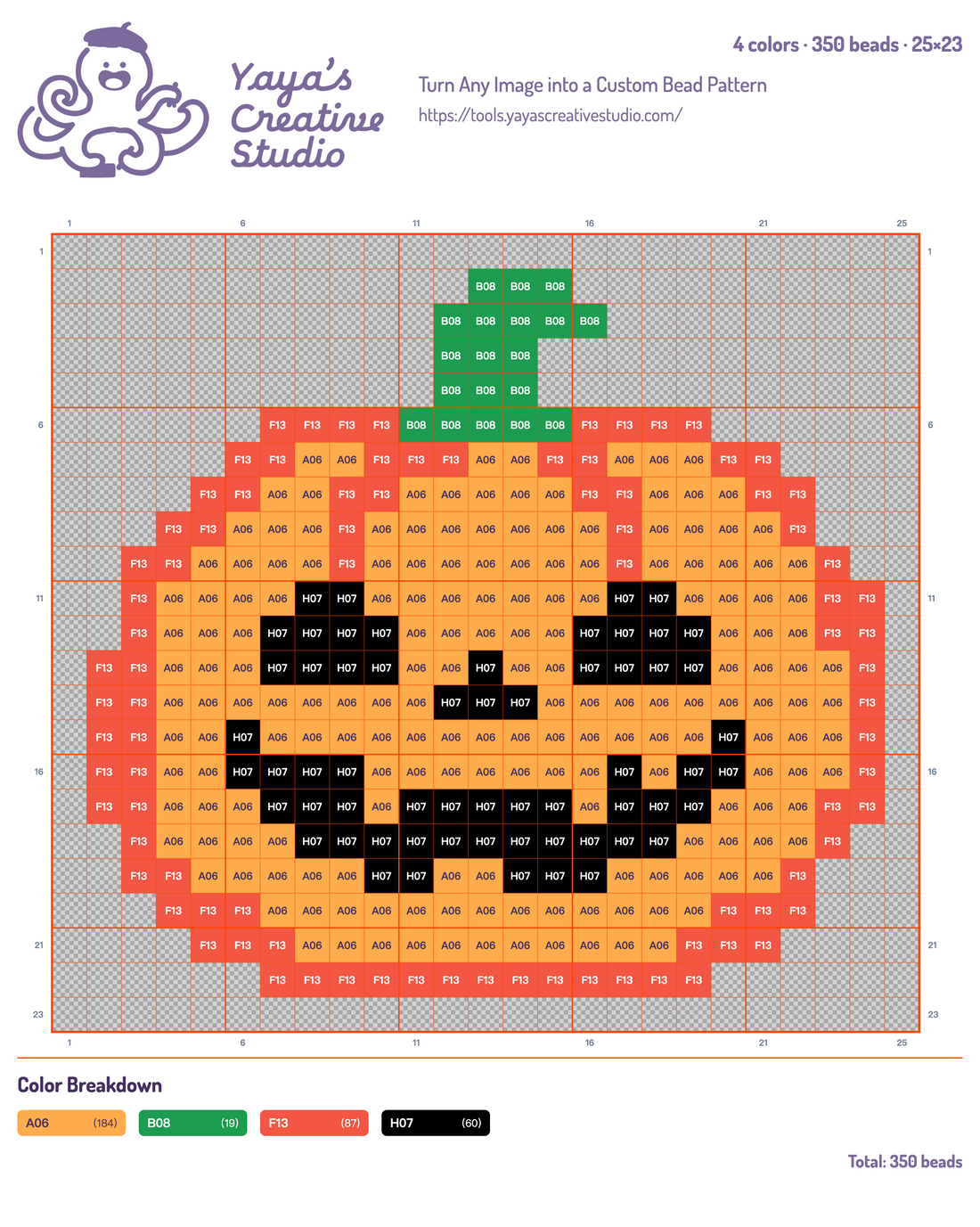 Modèle perles à repasser citrouille d'Halloween, grille 25 × 23, 4 couleurs