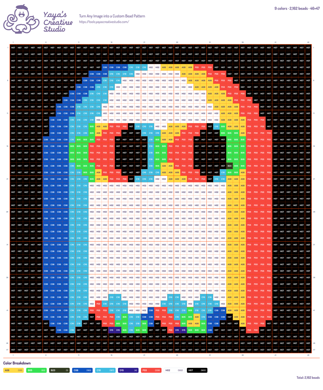Modèle perles à repasser fantôme arc-en-ciel, grille 46 × 47, 9 couleurs