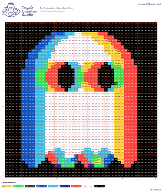 Modèle perles à repasser fantôme arc-en-ciel, grille 46 × 47, 9 couleurs