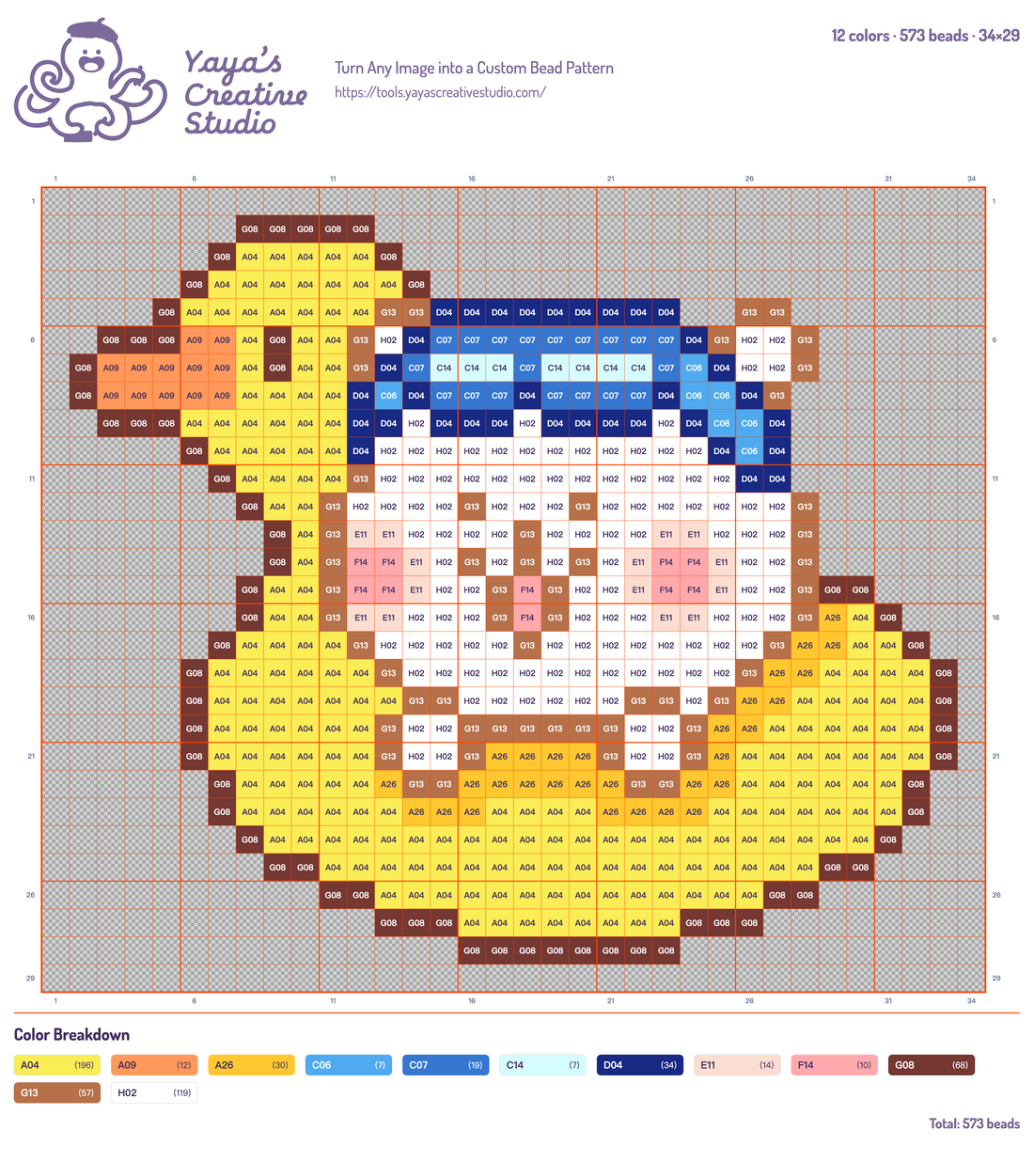Modèle perles à repasser hamster et bouée canard, grille 34 × 29, 12 couleurs