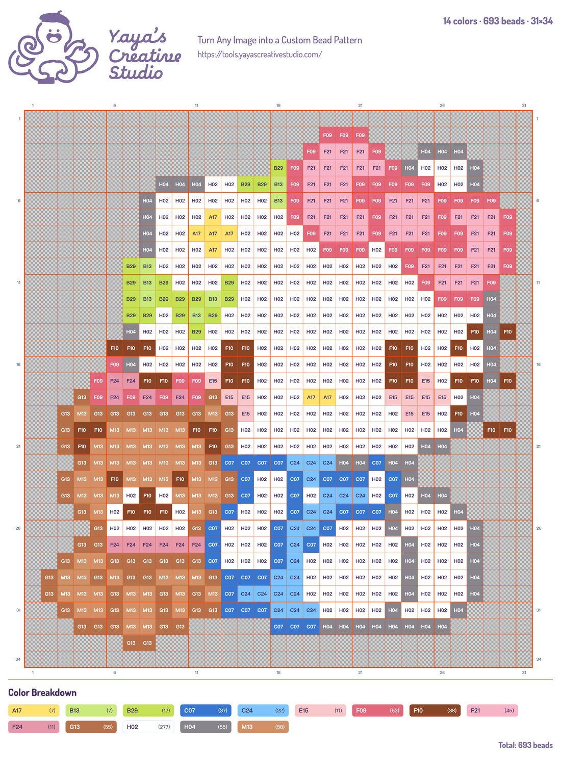 Modèle perles à repasser Hello Kitty en vichy, grille 31 × 34, 14 couleurs