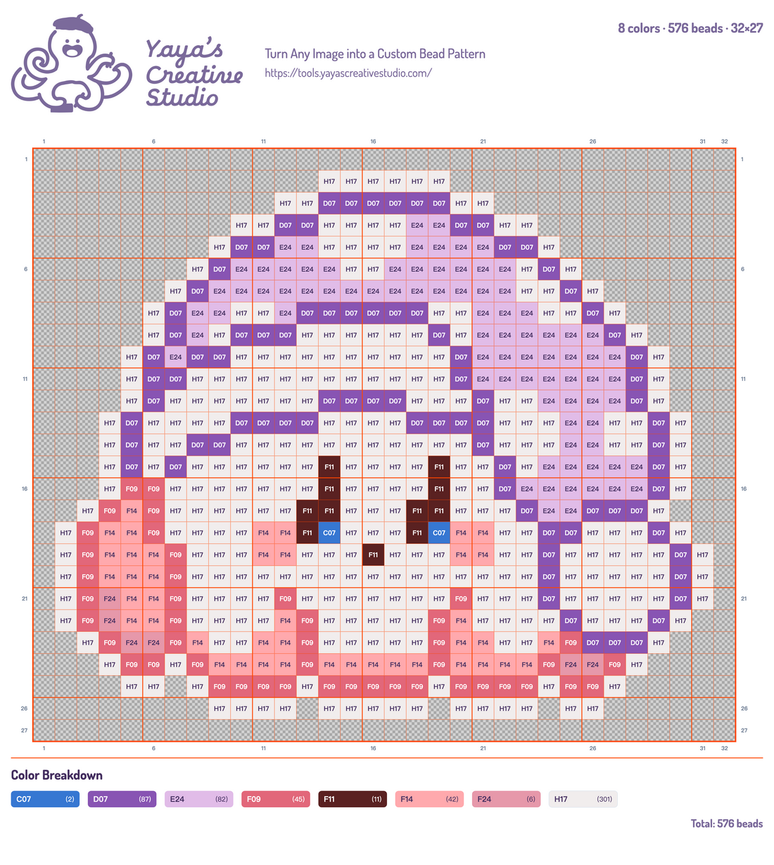 Modèle perles à repasser Kirby au bonnet violet, grille 32 × 27, 8 couleurs