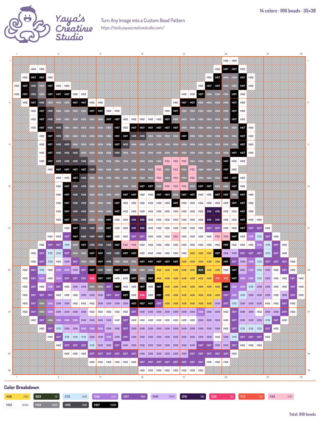 Modèle perles à repasser Kuromi et sa bouée canard, grille 35 × 38, 14 couleurs