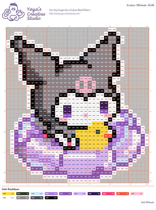 Modèle perles à repasser Kuromi et sa bouée canard, grille 35 × 38, 14 couleurs