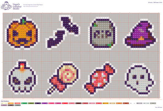 Modèle perles à repasser 8 mini motifs d'Halloween, grille 81 × 44, 26 couleurs