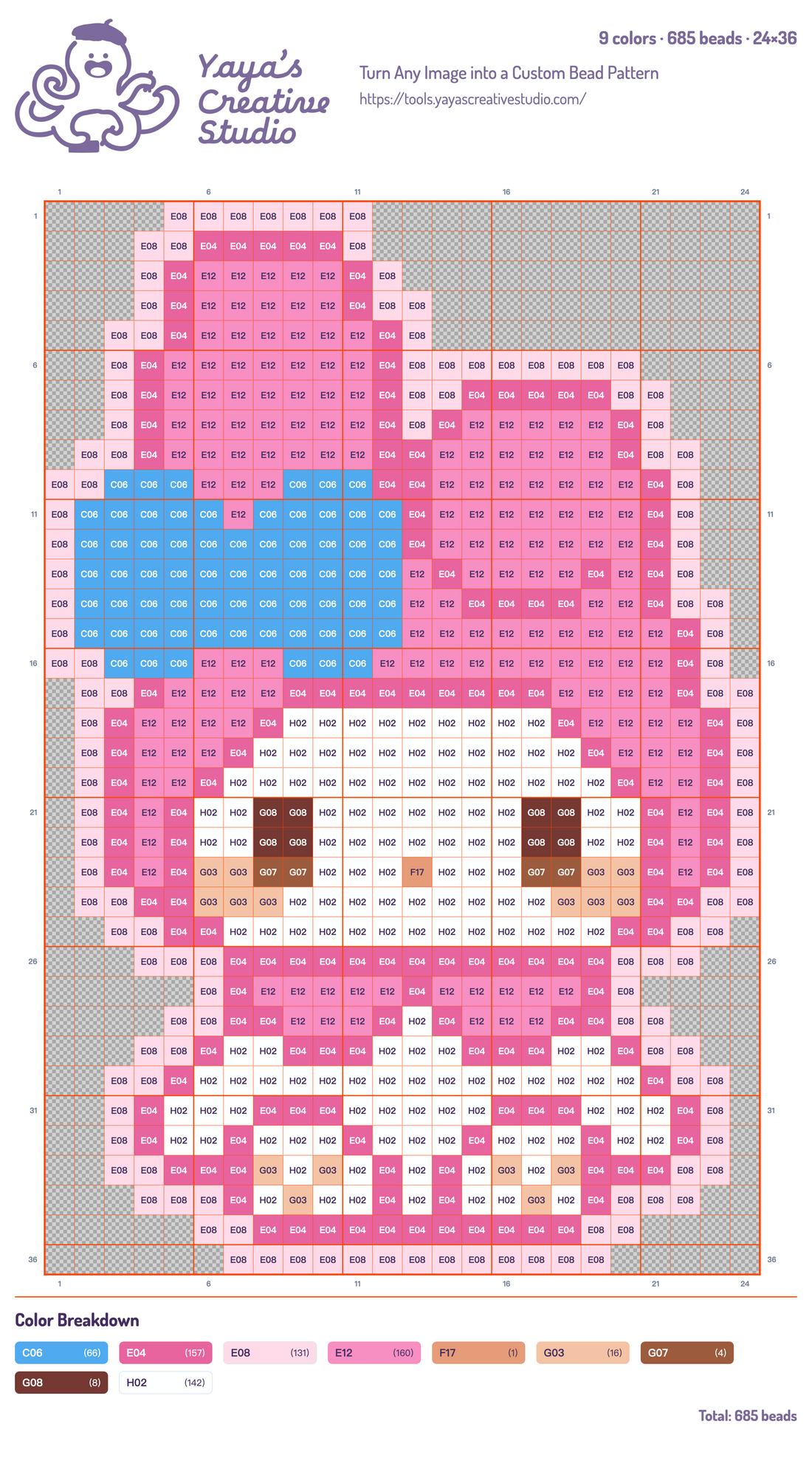 Modèle perles à repasser My Melody, grille 24 × 36, 9 couleurs