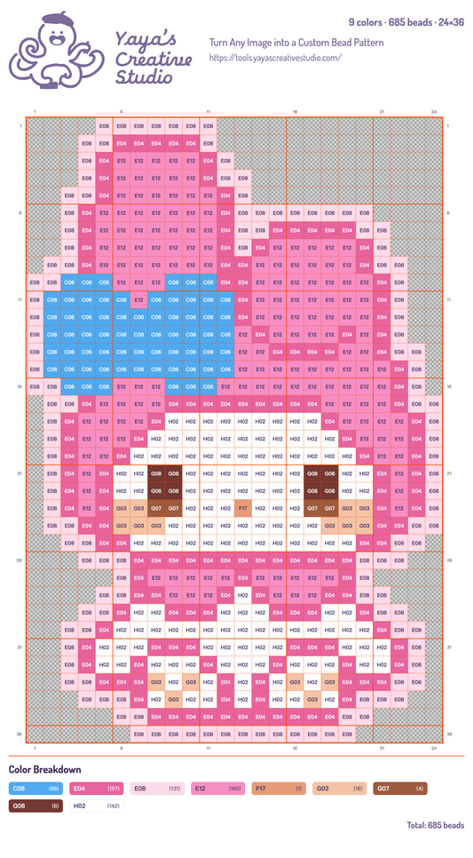 Modèle perles à repasser My Melody, grille 24 × 36, 9 couleurs