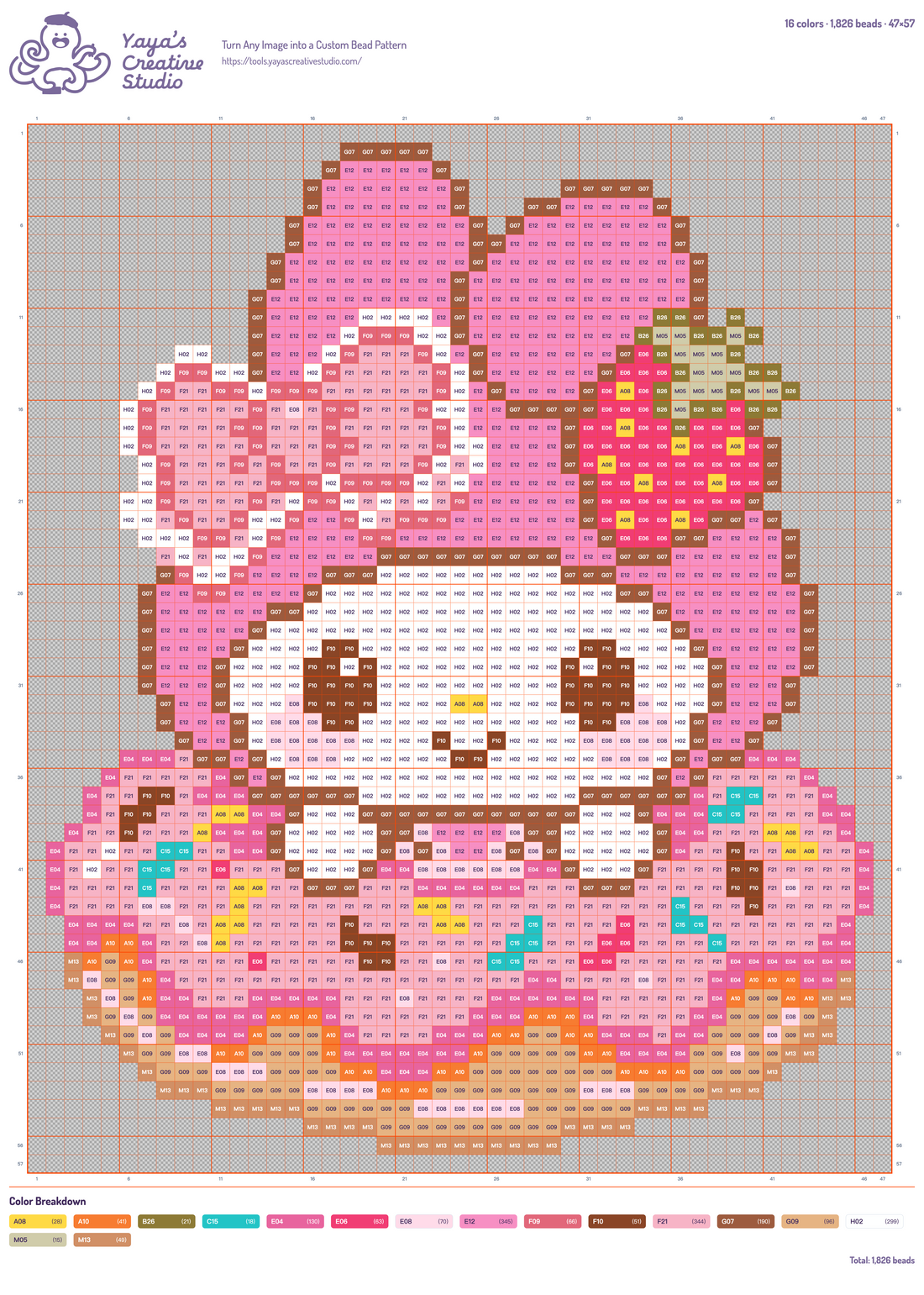Modèle perles à repasser My Melody et son donut, grille 47 × 57, 16 couleurs