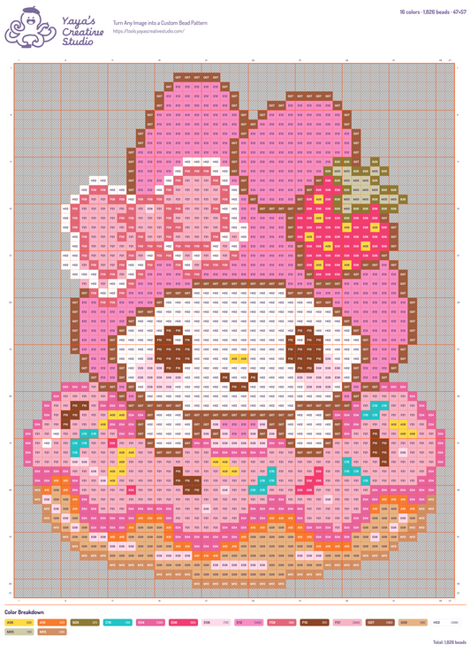 Modèle perles à repasser My Melody et son donut, grille 47 × 57, 16 couleurs