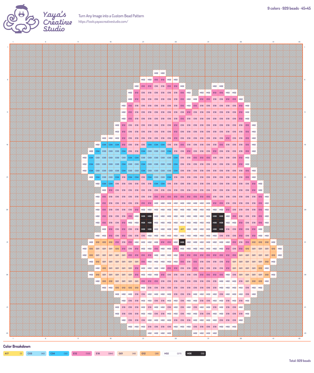 Modèle perles à repasser My Melody au nœud bleu, grille 45 × 45, 9 couleurs
