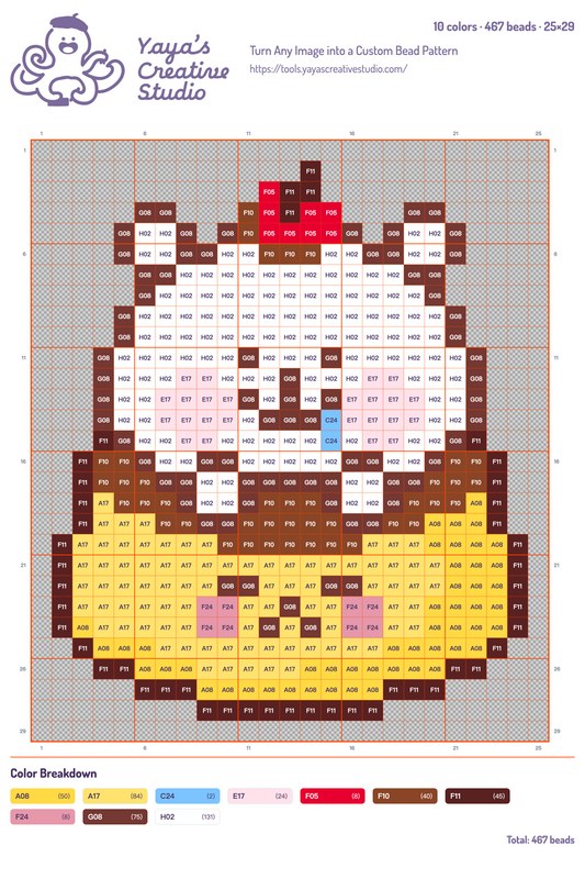 Modèle perles à repasser ourson et son pudding, grille 25 × 29, 10 couleurs
