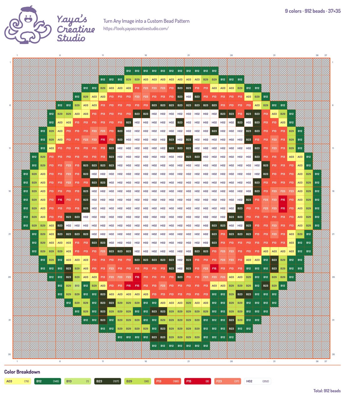 Modèle perles à repasser petit personnage dans une pastèque, grille 37 × 35, 9 couleurs