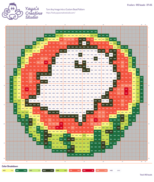 Modèle perles à repasser petit personnage dans une pastèque, grille 37 × 35, 9 couleurs