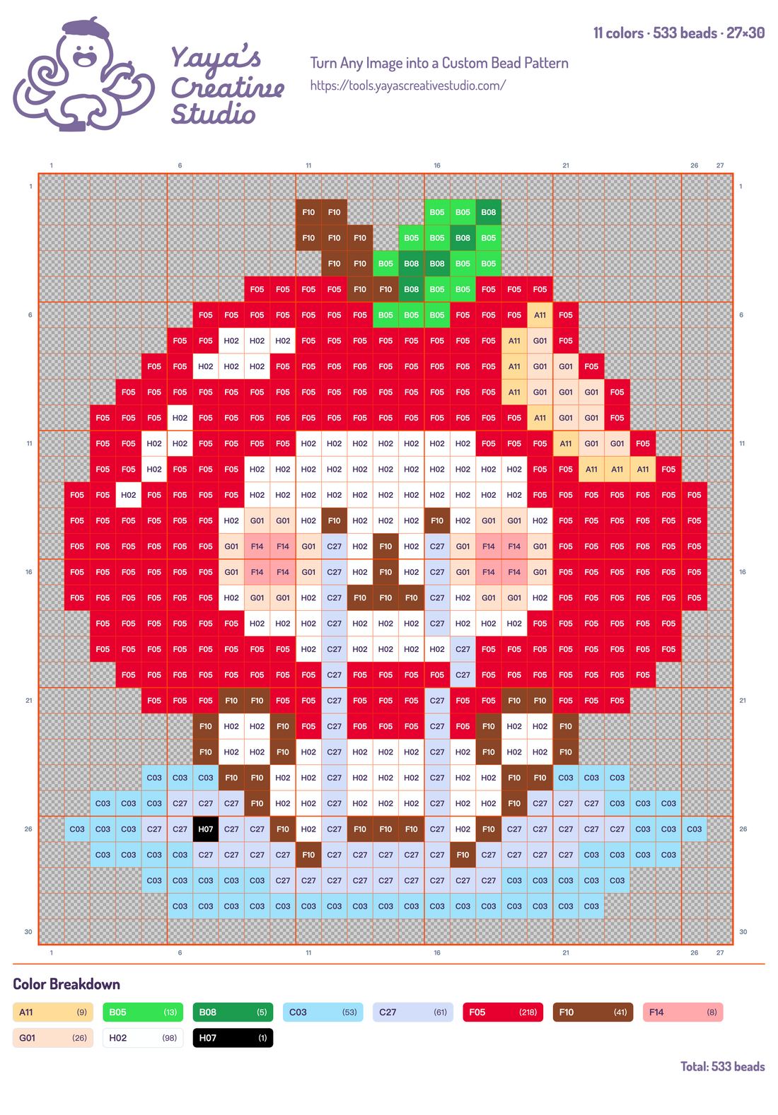 Modèle perles à repasser pomme qui pleure, grille 27 × 30, 11 couleurs