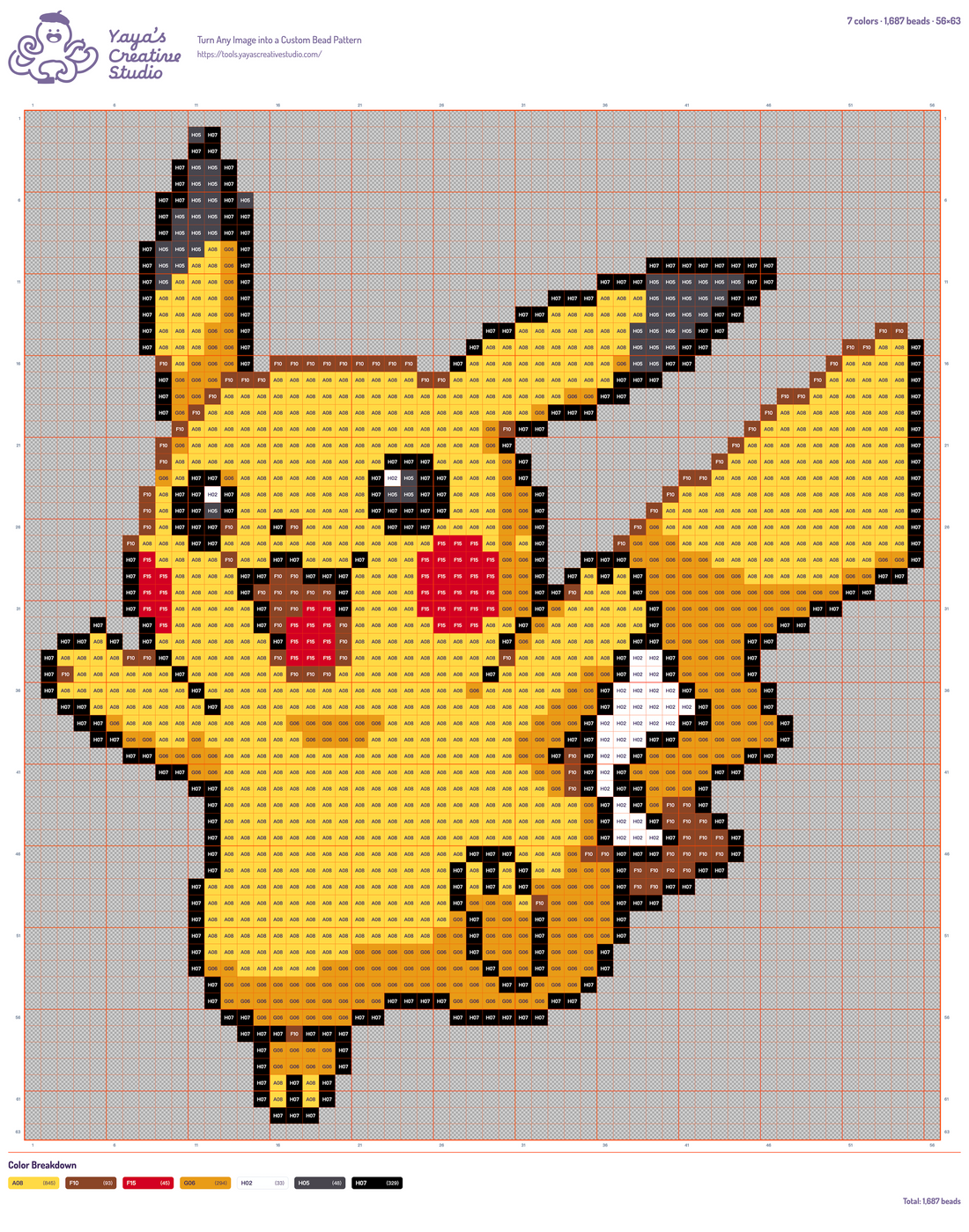 Modèle perles à repasser Pikachu, grille 56 × 63, 7 couleurs