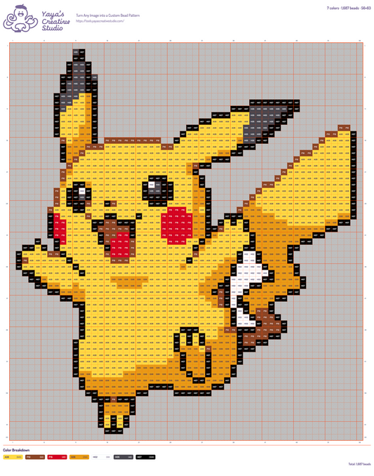 Modèle perles à repasser Pikachu, grille 56 × 63, 7 couleurs