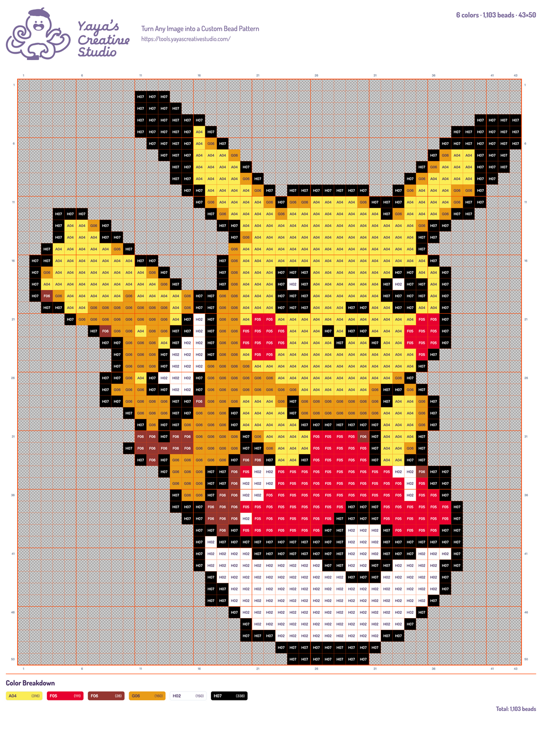 Modèle perles à repasser Pikachu et Poké Ball, grille 43 × 50, 6 couleurs