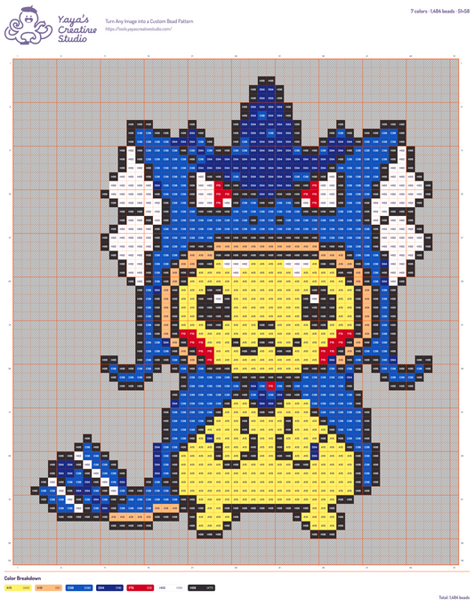 Modèle perles à repasser Pikachu en poncho Léviator, grille 51 × 58, 7 couleurs
