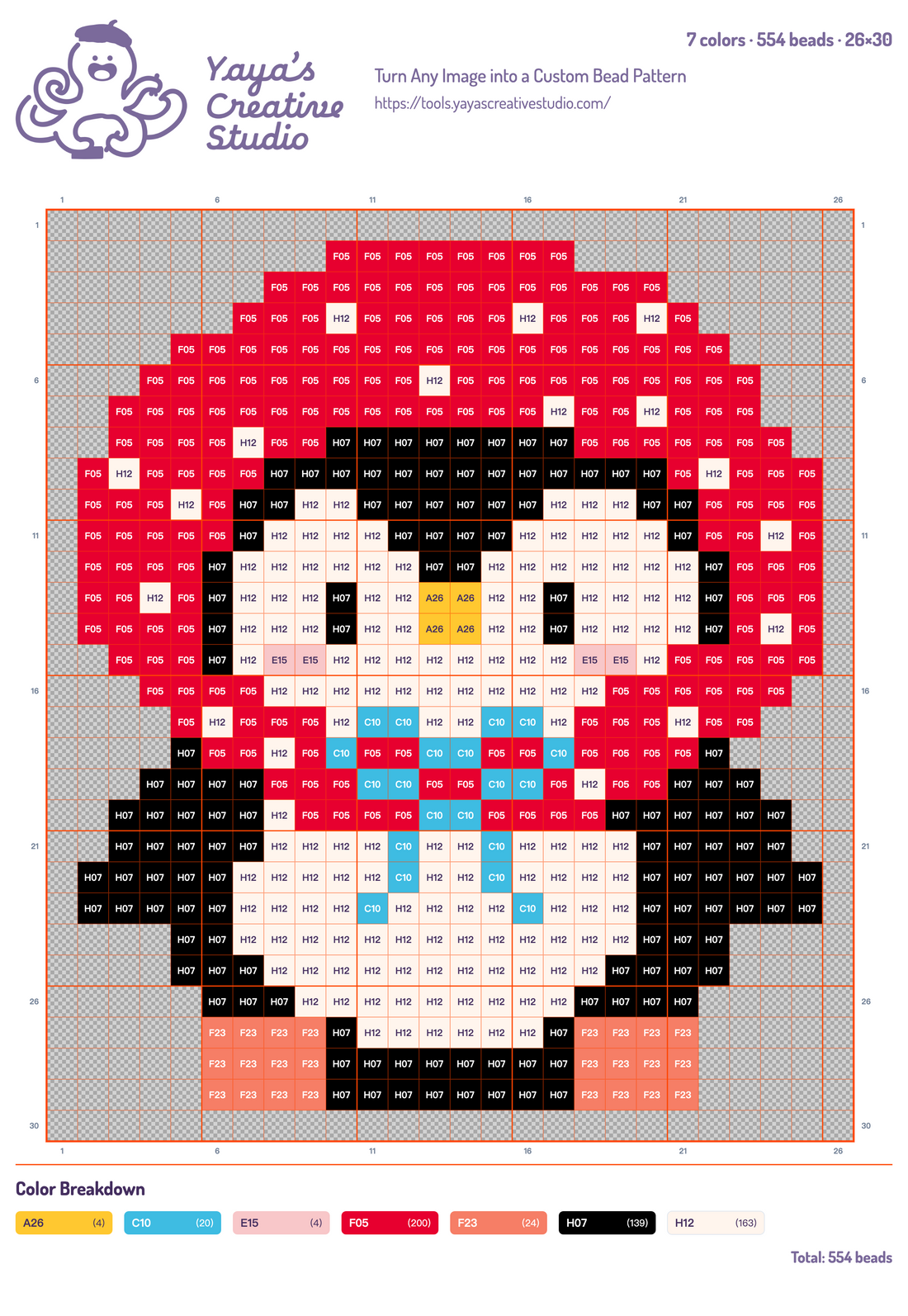 Modèle perles à repasser pingouin au bonnet rouge, grille 26 × 30, 7 couleurs