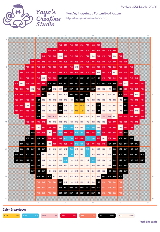 Modèle perles à repasser pingouin au bonnet rouge, grille 26 × 30, 7 couleurs