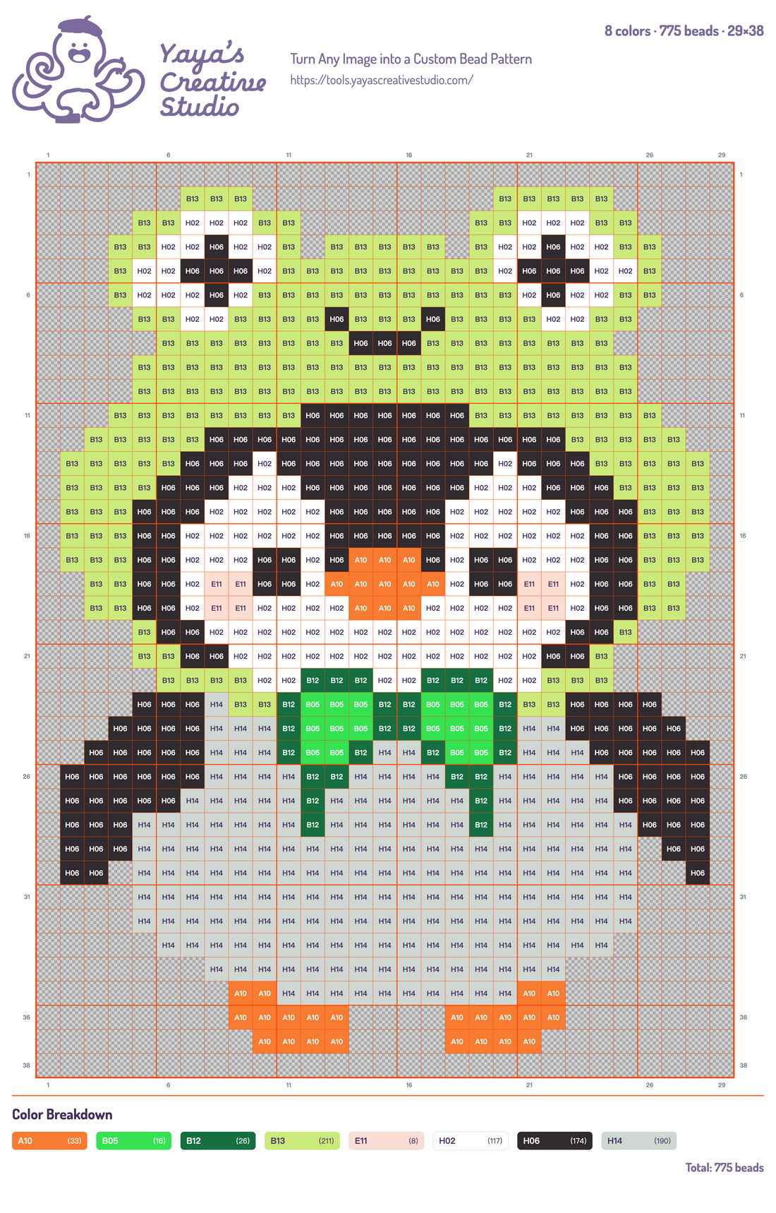 Modèle perles à repasser pingouin en capuche grenouille, grille 29 × 38, 8 couleurs