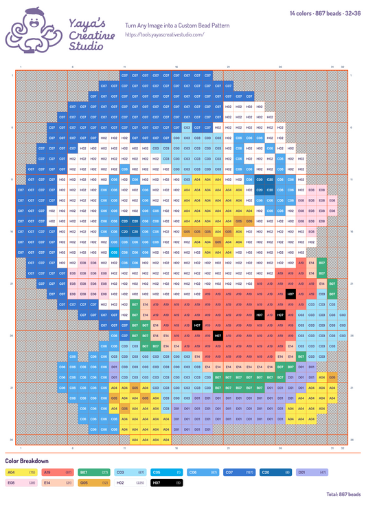 Modèle perles à repasser Tiplouf et pastèque, grille 32 × 36, 14 couleurs