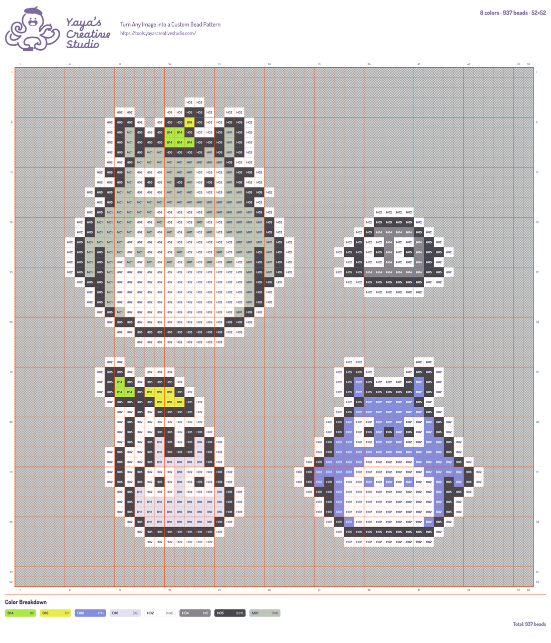 Modèle perles à repasser famille Totoro, grille 52 × 52, 8 couleurs