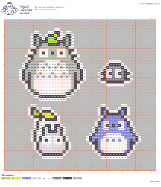 Modèle perles à repasser famille Totoro, grille 52 × 52, 8 couleurs