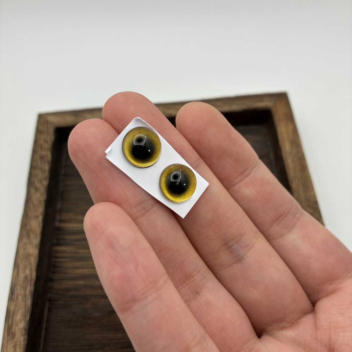10mm 橄榄绿手工玻璃眼珠，金色虹膜配黑色瞳孔，适合仿真猫咪肖像